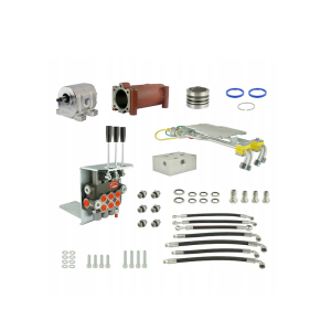 Zestaw do przeróbki i rozbudowy podstawowej hydrauliki w ciągnika w zestawie adapter, pompa aluminiowa, tłok i cylinder podnośnika, rozdzielacz 3 sekcyjny z sekcją pływającą, wsporniki, gniazda, węże i złącza.